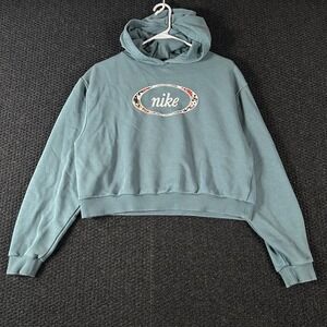 Nike Women's Crop Hoodie Small Blue Green Floral Script Logo Pullover Sweater